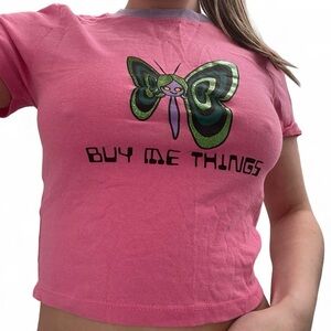 Urban Outfitters Pink Tee with Lavender Trim & Green Metallic Butterfly